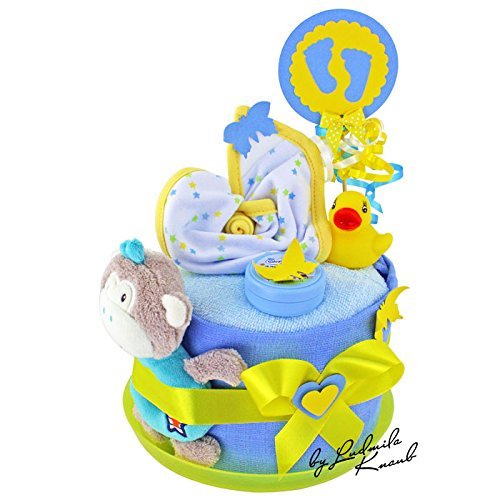 MomsStory - mini Windeltorte Junge | Baby-Geschenk zur Geburt Taufe Babyshower | 1 Stöckig (Blau-Gelb) mit Baby-Spielzeug Lätzchen & mehr