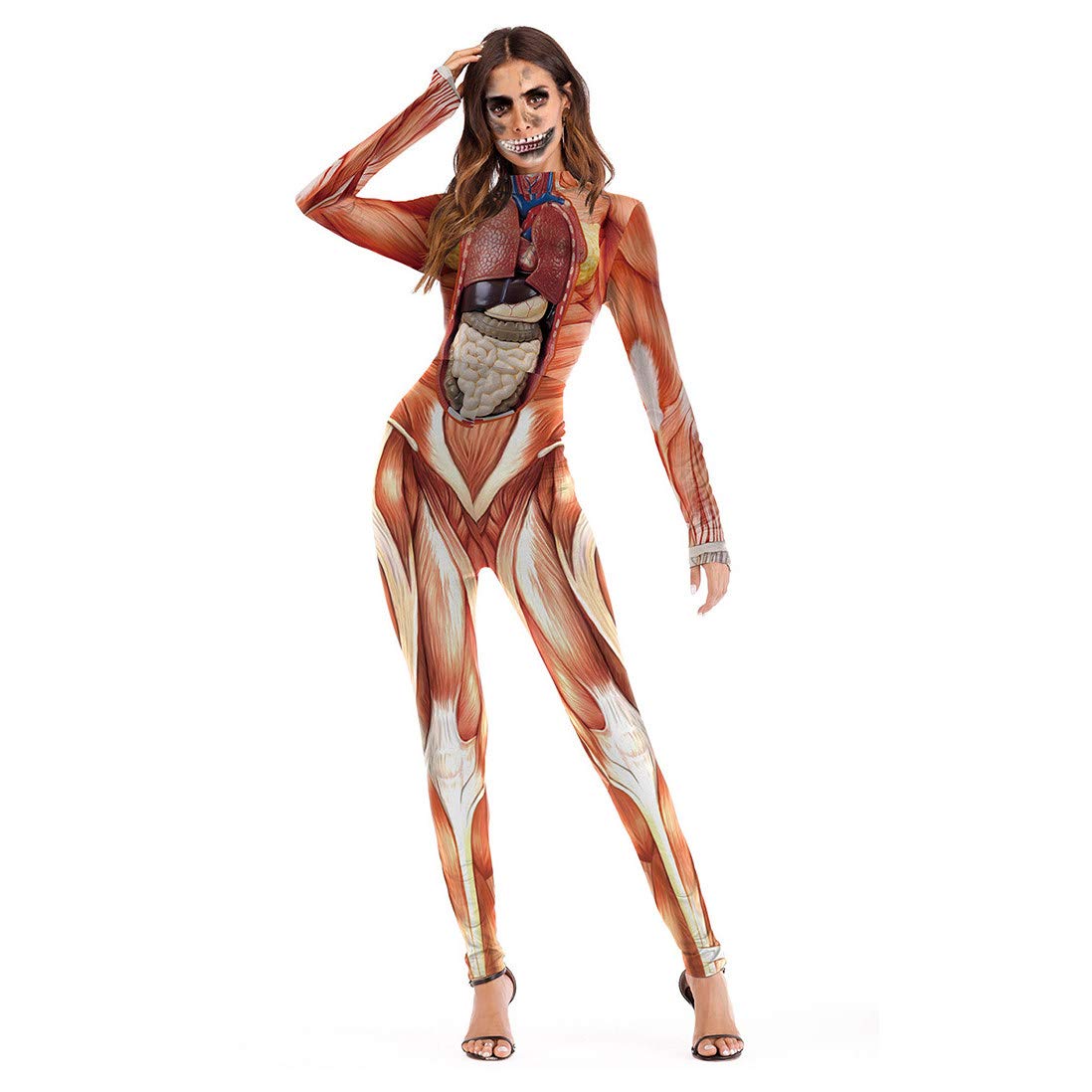 QHYXT Frauen Overalls für Karneval Thema Party Scary Kostüm Menschlichen Körper Organe Muskelskelett Gewebe 3D Print Cosplay Catsuit Bodysuit Schule Lehrmittel,A-S