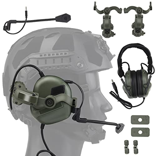 WLXW Taktisches Headset Für Airsoft (Am Kopf Und Am Helm Montiert), Wargame Hunting Outdoor Non-Military Tactical Earmuff (No Noise Reduction), Mit Helm-ARC-Schienen-Adapterarm,Grün
