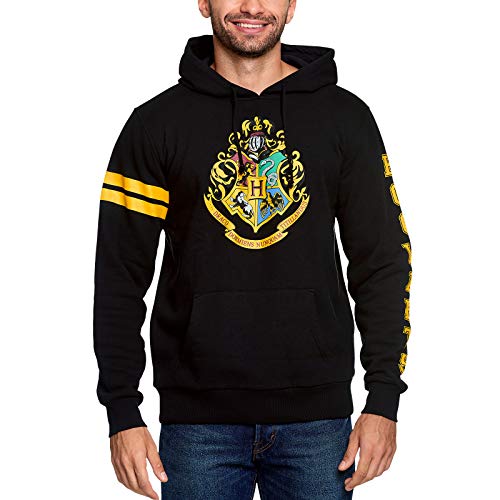 Elbenwald Harry Potter Hoodie Hogwarts Wappen Frontprint und Ärmelprint mit Kapuze und Tasche für Herren schwarz - M