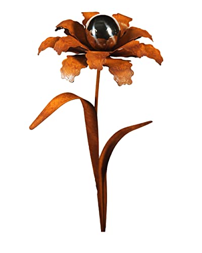 Bornhöft Gartenstecker Blume Metall Gartendeko Rost Edelrost rostiger Beetstecker 110cm Deko Rostfigur für den Garten mit Edelstahl Kugel