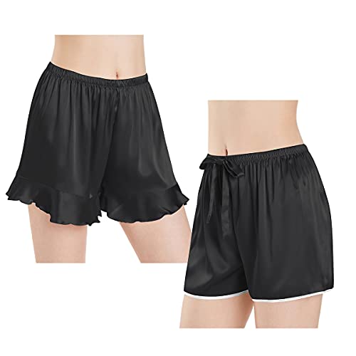 Wantschun Damen Schlafanzughose Kurze Hose Shorts Satin Silk Pyjamahose Nachtwäsche Hose Style A+B - 2 Pack: Schwarz ; S