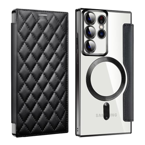 QANXGOG Hülle für Samsung Galaxy S22 Ultra/S22 Plus/S22, Hochwertiges Leder-Klappcover mit Transparenter PU-Rückseite, 3 Kartenfächern und Kameraschutz,Black,S22