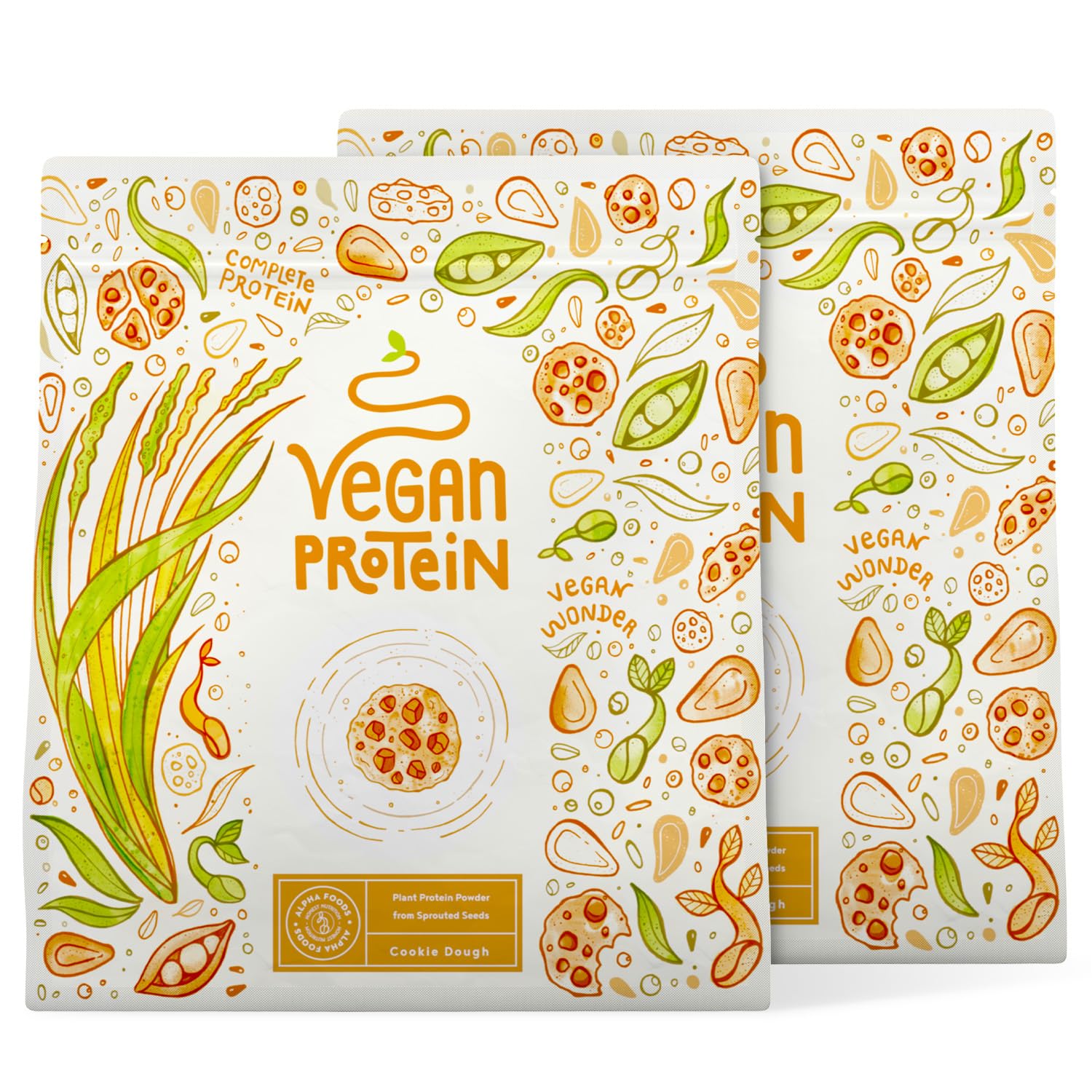 Veganes Proteinpulver - 1200g Cookie Dough Eiweißpulver - 21g Protein (auf 30g) - Premiumqualität Vegan Protein Shake - Whey Ersatz - Aus Soja, Reis, Erbsen, Chia, Sonnenblume & Kürbiskernen