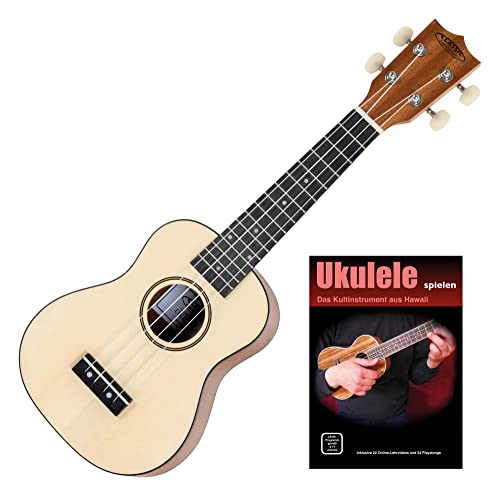 Classic Cantabile Ukulele Sopran Natur Set inkl. Ukulelenschule - Mensur: 34 cm - 15 Bünde - Leichtgängige Mechaniken - Nylonsaiten - Kompakte Größe - Set inkl. Ukulelenschule