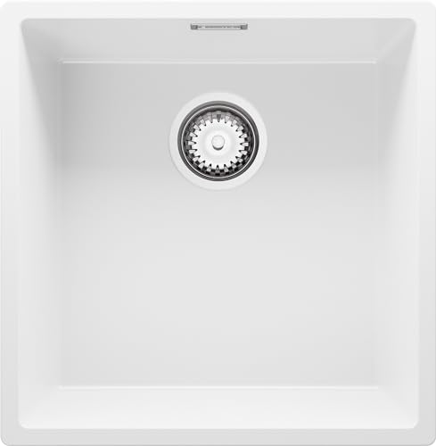 Unterbauspüle Weiß 46 x 44 cm, Granitspüle 1 Becken + Ablauf-Set, Spülbecken ab 50er Unterschrank, Küchenspüle von Primagran