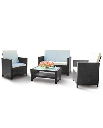 Swing & Harmonie Rattan Lounge Sitzgruppe für 4 Personen Sitzgarnitur Gartenmöbel Set Polyrattan Sofa Garnitur (Schwarz)