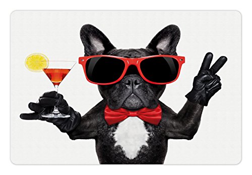 Lunarable Lustige Haustiermatte für Futter und Wasser, Französische Bulldogge mit Martini-Cocktail, bereit für die Party, Nachtleben, Freude, bedruckt, Weiß,Schwarz