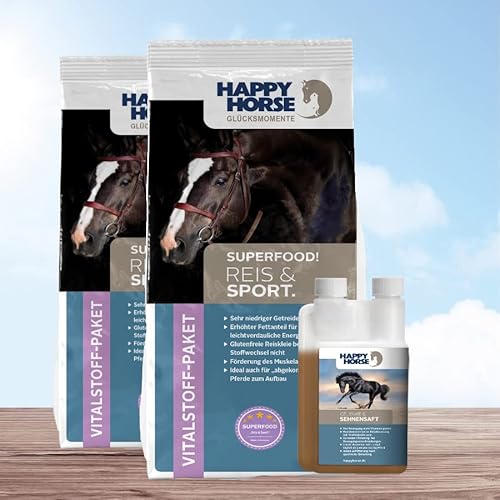 HAPPY HORSE Superfood Reis & Sport Pferdefutter 2 x 14kg - Vitalstoffversorger der neuen Generation + Happy Horse Gelenk & Sehnensaft