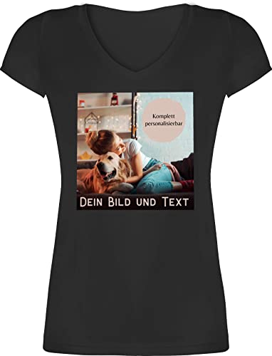 T-Shirt Damen V Ausschnitt personalisiert mit Namen - Foto Geschenk mit eigenem Bild - Foto Bild Geschenk - S - Schwarz - Bedrucken Lassen wunschtext Personalisieren individuell - XO1525
