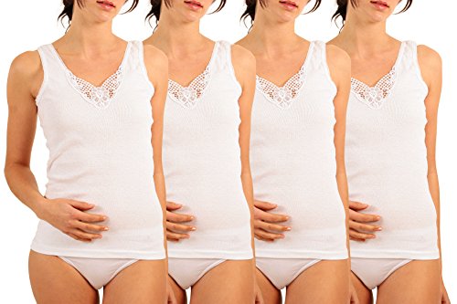 Yenita® 4er Pack Damen Unterhemd mit Spitzeneinsatz aus 100% Baumwolle, Gr. 36-38