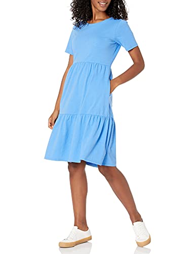 Amazon Essentials Damen Kurzärmliges, gestuftes Kleid mit Rundhalsausschnitt, Blau, L