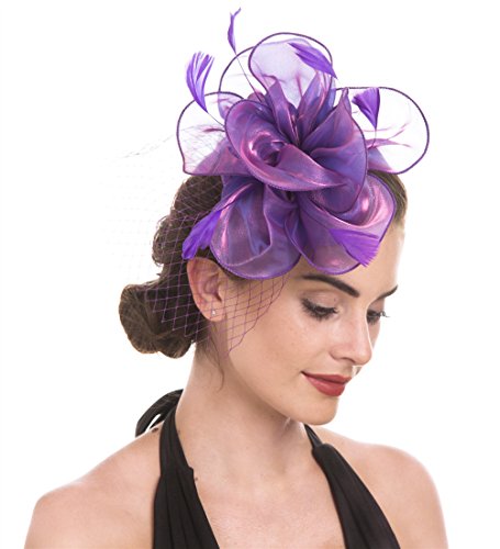 Fascinators Hut Cocktail Party Tee Kopfbedeckung Blume Mesh Organza Bänder Federn auf einem Stirnband und Gabel Clip für Mädchen und Damen (Floral Mesh Lila)