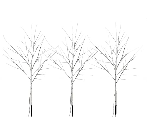 3er Set Lichterstrauch in Birkenbaum-Optik warm-weißen LED Lichtern, Timer, 10 Meter Zuleitung, Lichterzweige Innen und Außen, weiß-schwarz (3er Set Lichtersträuche, ca. 80 cm hoch)