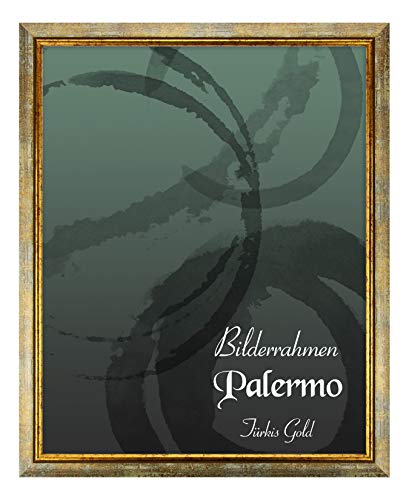 Bilderrahmen Palermo 42x59,4 cm DIN A2 in Türkis Gold aus Massivholz mit Antireflex-Kunstglas