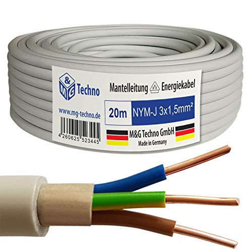 M&G Techno 20m NYM-J 3x1,5 mm² Mantelleitung Elektro Strom Kabel Kupfer eindrähtig Made in Germany