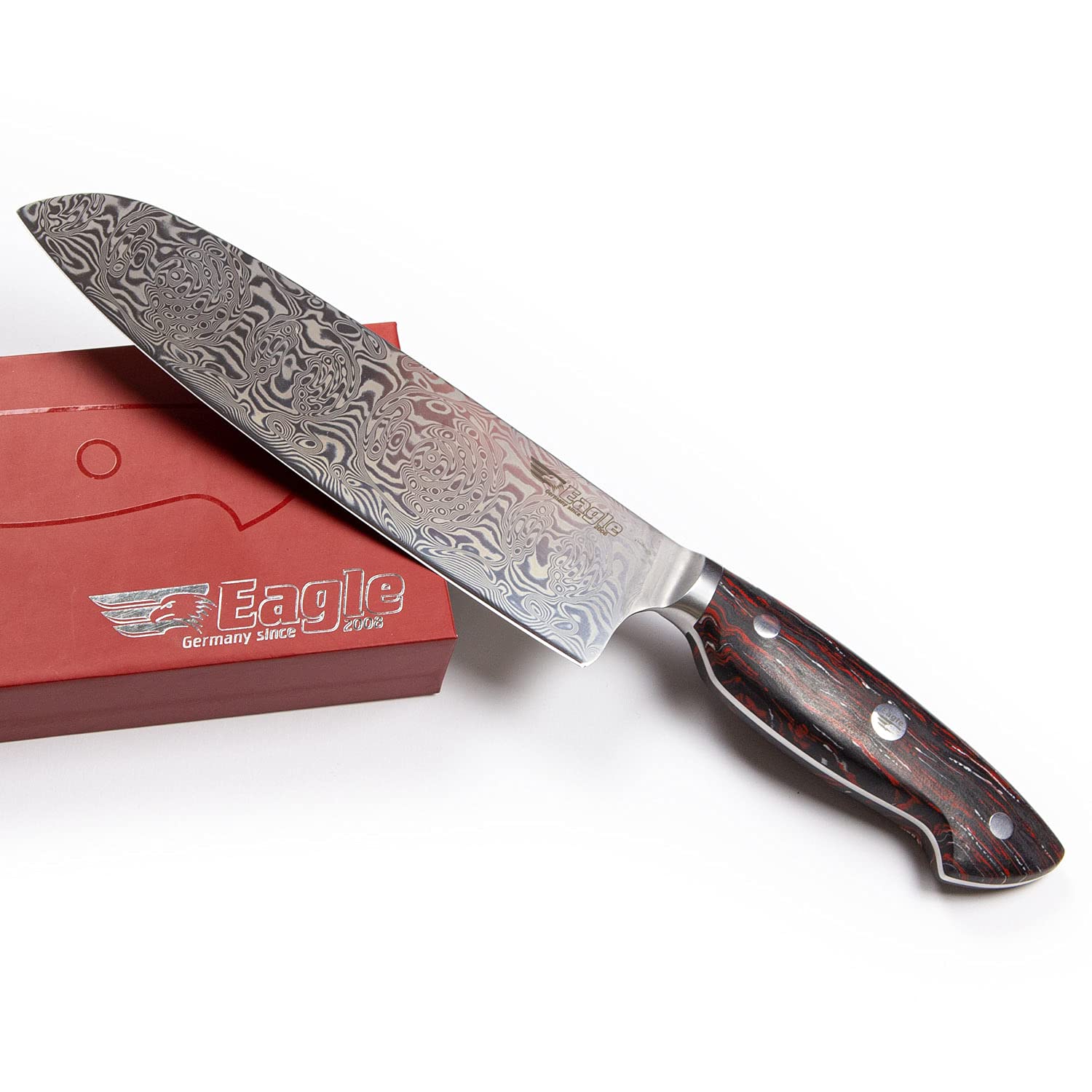 Eagle U-Grip - Santoku-Messer 18 cm - Voll-Damaststahl 108 Lagen/Heftschalen: G10 schwarz-rot-weiß