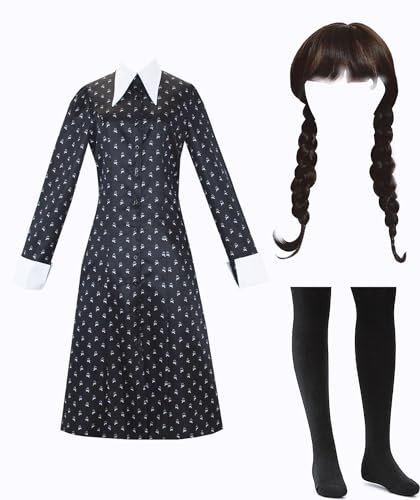 Wednesday Addams Kostüm Kleid Damen Mädchen Karnival Kosplay Schwartz Kleid Gothic Uniform Kinder Nevermore Academy Halloween Outfit mit Things und Wig 3XL