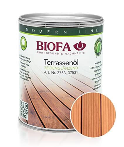 BIOFA Terrassenöl farbig 37531 Pflegeöl für Holzterrassen und Terrassen-Dielen aus Holz – Öl aus natürlichen Rohstoffen - Außenbereich (1L, Lärche)