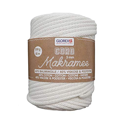 GLOREX 5 1006 11 - Makramee Cord 5 mm, superweiches Textilgarn aus 60 % Baumwolle / 40 % Viskose, zum Häkeln, Stricken, Knüpfen und textilen Gestalten, 500 g, ca. 85 m, gewebt creme
