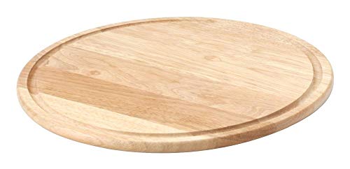 6 Stück Continenta Holz Pizzateller aus Gummibaumholz mit Rille für Flüssigkeiten, Pizzabretter, Holzteller, Größe: Ø 33 x 1,2 cm, Danto® Vorteils-Set