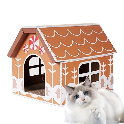 Katzenhäuser aus Pappe für Wohnungskatzen - Outdoor-Katzenhaus für Indoor-Katzen - Tierhaus mit Kratzbaum, abnehmbar und faltbar, mit Mehreren Fenstern, Weihnachtsthema zum Schlafen und für Hmltd