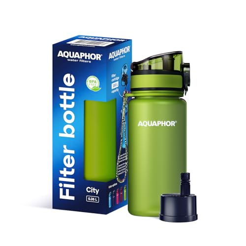 AQUAPHOR City Filterflasche 350ml Grün I Flasche mit Wasserfilter für unterwegs I Filter mit Aktivkohle I Filtert Chlor I Aus Tritan & BPA-frei I Für besseren Geschmack & Geruch des Wassers