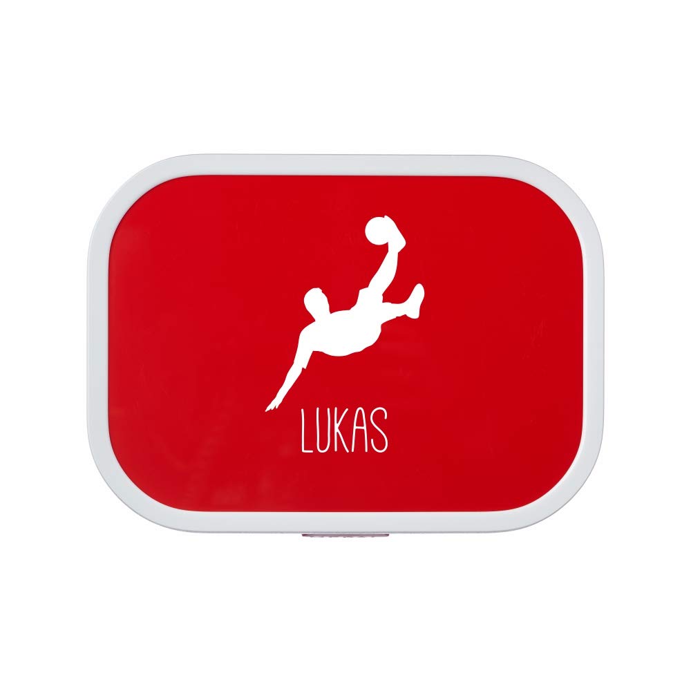 4you Design Personalisierte rote Brotdose -Fußballer Silhouette- mit Namen – inkl Bento Box & Snack-Gabel für Schule & Kindergarten, Geschenk für Kinder (Rot)