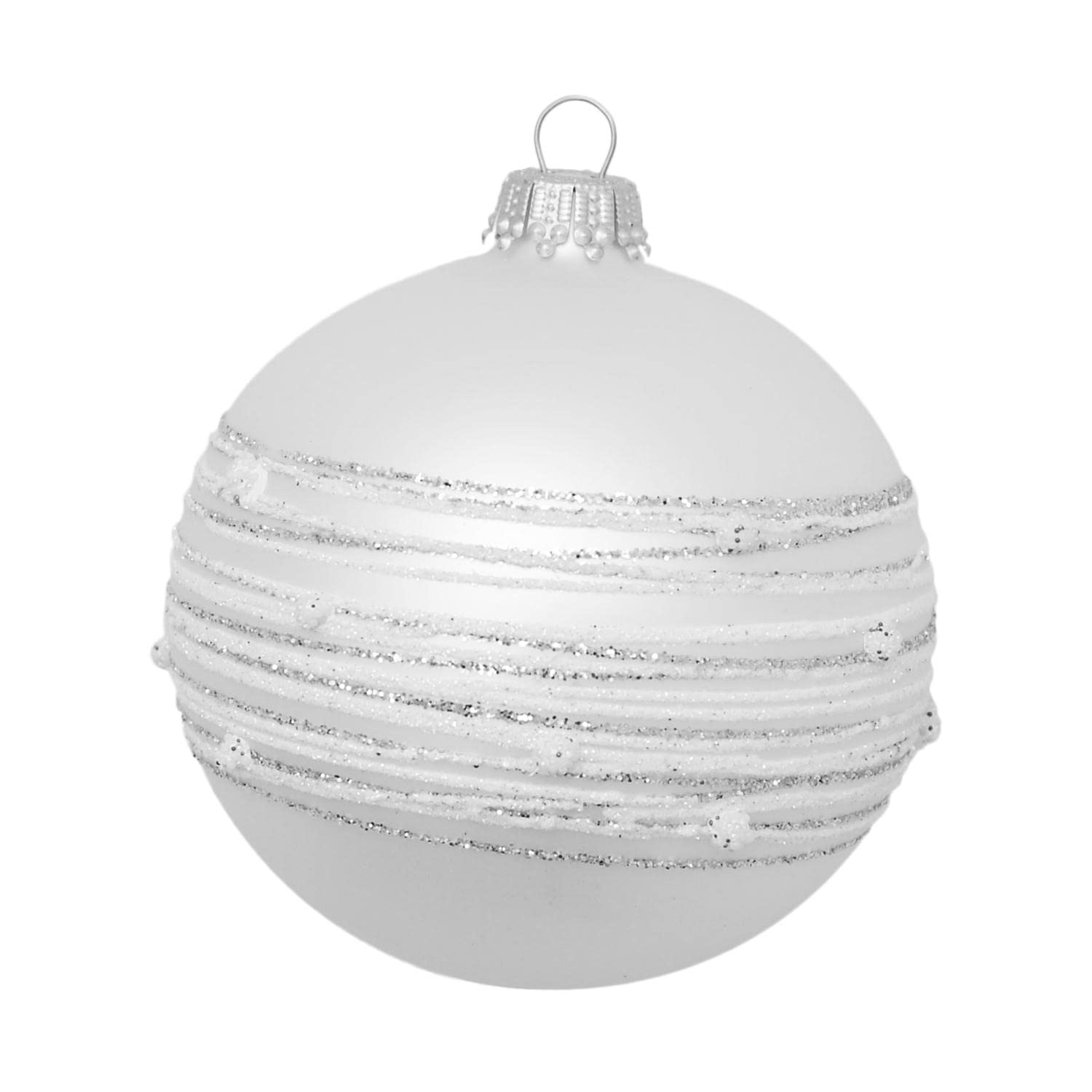 Krebs Glas Lauscha - Weihnachtsdekoration/Christbaumschmuck aus Glas - Weihnachtskugeln - Motiv: Silber-matt mit Streifen und Punkten - Größe: 6 mal 8cm