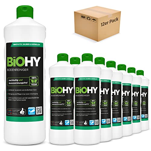 BIOHY Bodenreiniger (12 x 1 Liter Flasche) | Konzentrat für alle Reinigungsgeräte und alle Hartböden | Angenehmer Geruch und streifenfreie Reinigung