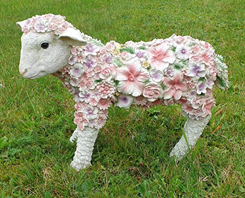 Fachhandel Plus Dekofigur Lamm stehend mit Blumen Gartendeko Tierfigur Schaf Lämmchen Osterlamm