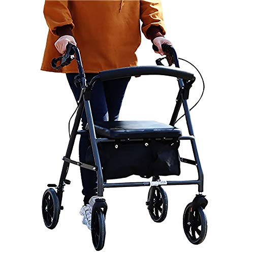 Schwarzer Rollator für ältere Senioren, höhenverstellbarer, tragbarer Einkaufswagen mit Tritthilfe, breitem Sitz, 8-Zoll-Rädern und Korb