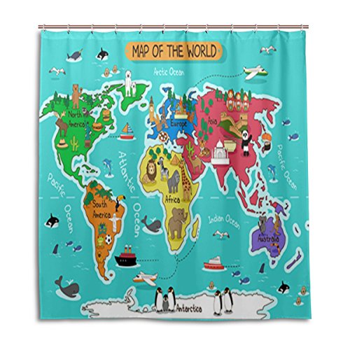 alaza Cute Animals Weltkarte für Kinder Duschvorhang 72 x 72 Inch, schimmelresistent und wasserdicht Polyester Dekoration Badezimmer-Vorhang