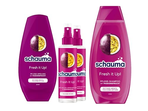 Schauma Sprühpflege Fresh it Up! (2x200 ml) Hitzeschutz für Geschmeidigkeit & Pflege-Shampoo Fresh it Up! Passionsfrucht (400 ml) & Schwarzkopf Pflege-Spülung Fresh it up! (250 ml)