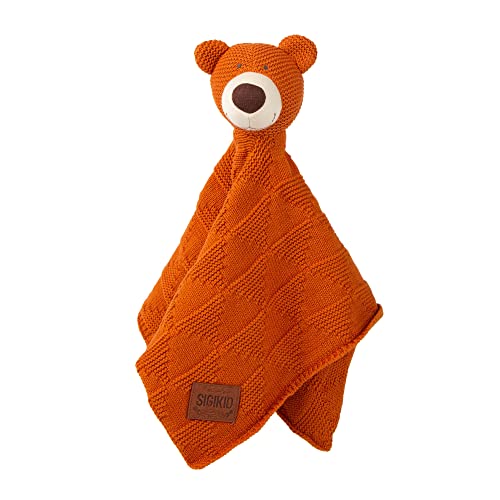 SIGIKID 39632 Strick-Schnuffeltuch Bär Knitted Love, kuschelweiches Schmusetuch aus Baumwollstrick Einschlafhilfe und Tröster für Babys & Kinder von 0-36 Monaten, Orange, 40x40x7 cm