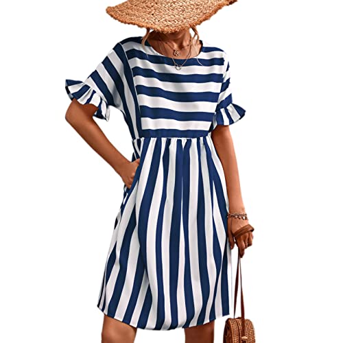 A-Linie Rüschen Kurzarm Kleid Rundhals Gestreiftes Kleid Midi Freizeitkleid für Damen Damen Sommerkleid(M-Navy blau)