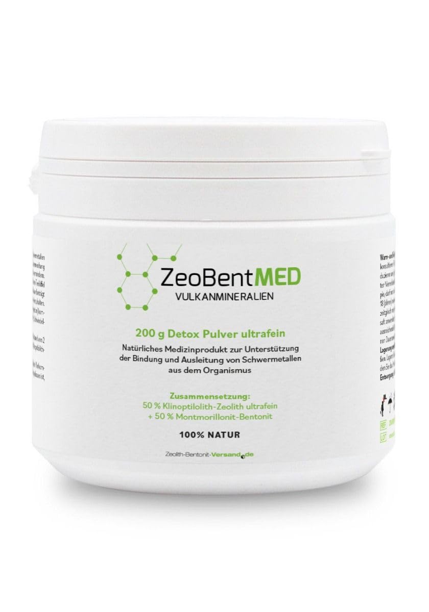 ZeoBent MED 200g ultrafeines Premium Detox-Pulver, Medizinprodukt, Zeolith-Bentonit Mischung, 9µm mit vielfach mehr Oberfläche pro Gramm, Entgiftungskur, Apothekenqualität, Darmreinigung, Heilerde