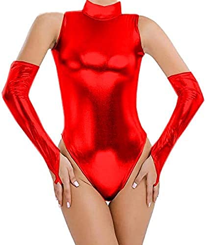 Kunstleder-Tanz-Bodysuit Lady High Cut Body + Handschuhe,Rot,XX-Large