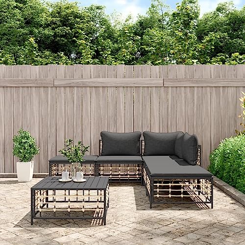 WRJENFSC Loungesofa Gästesofa Gepolstertes Sofa Schlafzimmersofa 6-TLG. Garten-Lounge-Set mit Kissen Anthrazit Poly Rattan Geeignet für Wohnzimmer, Schlafzimmer, Wohnung, Gästezimmer