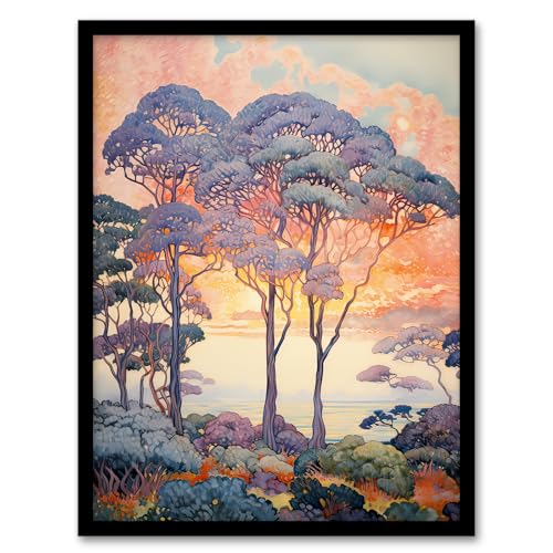 Coastal Sunrise Behind Trees Orange Blue Purple Artwork Framed Wall Art Print A4