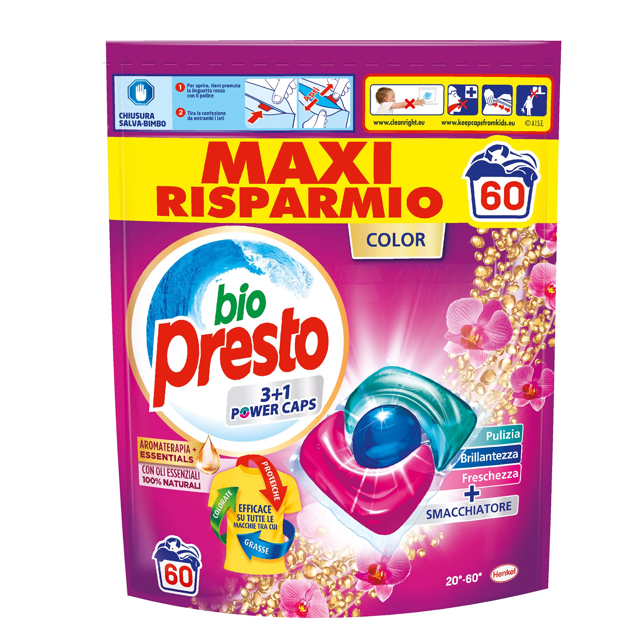 Bio Presto Bio Presto Power Caps Color, vordosiertes Waschmittel in Kapseln für farbige Kleidungsstücke, 60 Waschgänge - 780 g