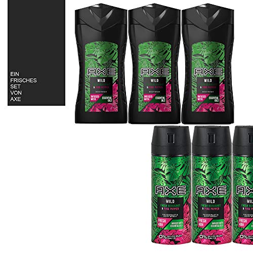 7tlg. STUDIO.MUNET Set: 3x150ml Axe Wild Fresh Bergamot & Pink Pepper Männer Deospray Deodorant Body Spray & 3x250ml AXE Wild Fresh Bodywash Duschgel + 1 x Dustbag von STUDIO.MUNET