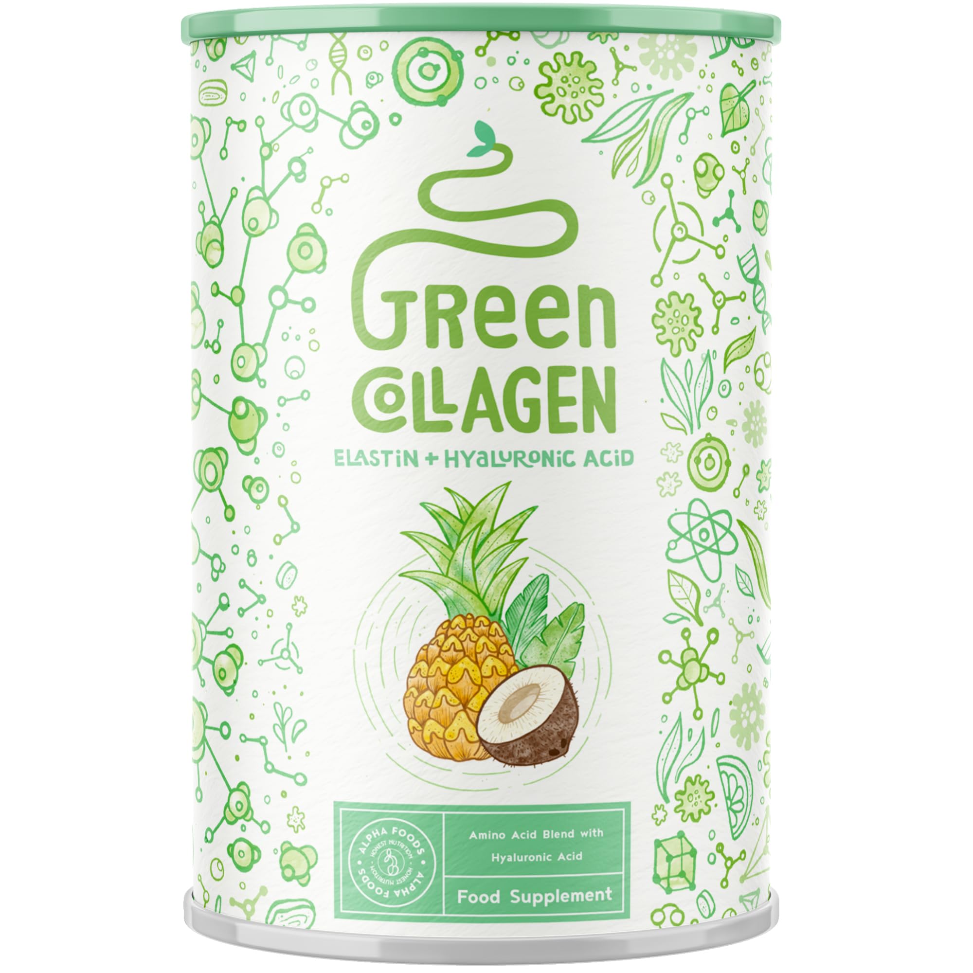 Alpha Foods Collagen Pulver (400g) - Kollagen Hydrolysat Peptide Type I, II & III - Hochdosiert Kollagenpulver mit Kulturenkomplex, Hyaluronsäure und Greens Pulver - Pina Colada - Aus Deutschland