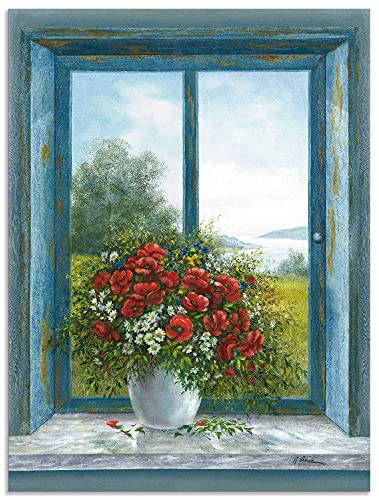 ARTland Wandbild Alu Verbundplatte für Innen & Outdoor Bild 45x60 cm Stillleben Arrangements Botanik Malerei Blau A6KK Mohnblumen am Fenster