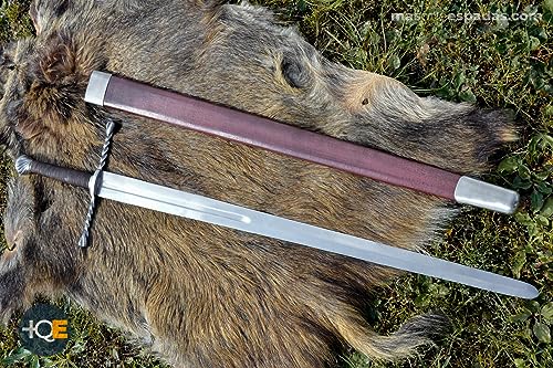 Battle-Merchant Bastardschwert mit Scheide, für Schaukampf | Echtes Schwert, von Hand geschmiedeter Anderthalbhänder aus Federstahl mit Ledergriff