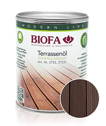 BIOFA Terrassenöl farbig 37531 Pflegeöl für Holzterrassen und Terrassen-Dielen aus Holz – Öl aus natürlichen Rohstoffen - Außenbereich (1L, Mooreiche)
