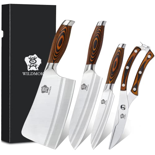 WILDMOK 4-teiliges Küchenmesserset Asiatisches Messerset Deutscher Stahl - X50CrMoV15 zum Mehrzweckschneiden und -schneiden (4-teilig Asiatisches Messer Set)