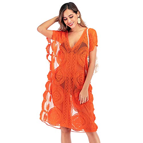 Damen Sommer Hollow Out Spitze V Ausschnitt Lose Sonnenschutz Top Gestrickt Bikini Cover Up Strand Poncho Kleid Orange - Einheitsgröße