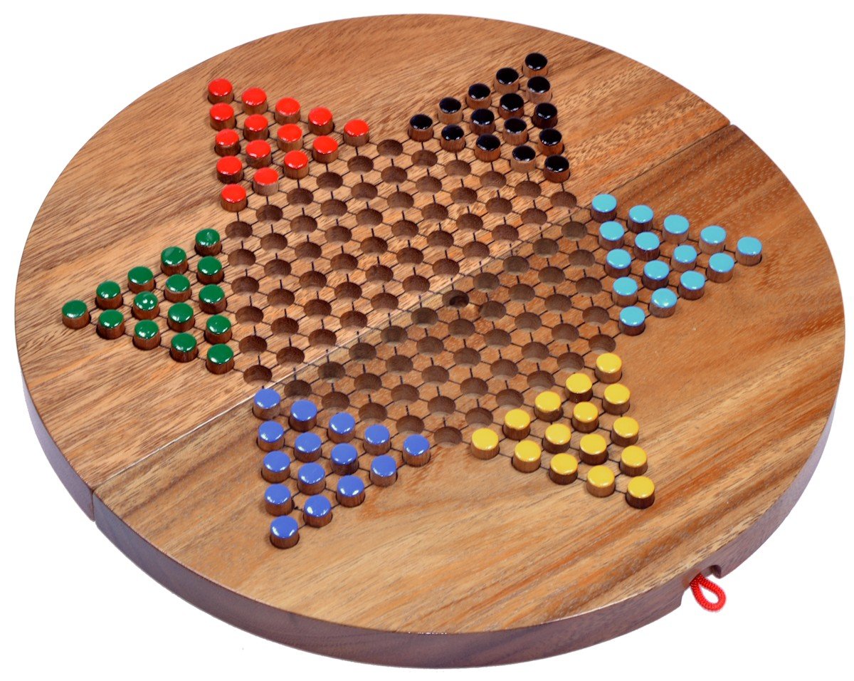 LOGOPLAY Halma Gr. XL - Stern Halma - Chinese Checkers - Strategiespiel - Gesellschaftsspiel aus Holz mit rundem, klappbarem Spielbrett