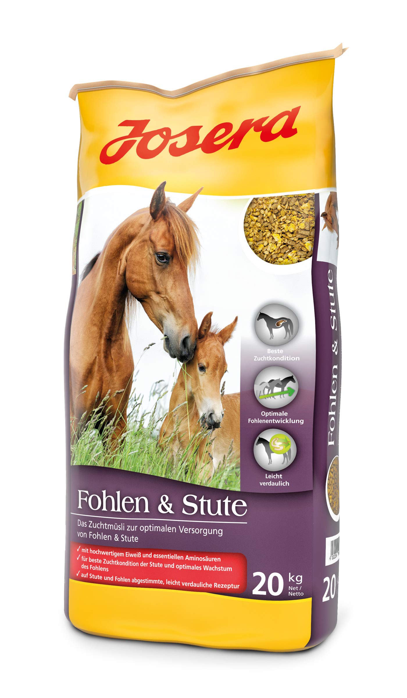 JOSERA Fohlen & Stute (1 x 20 kg) | Premium Pferdefutter für eine optimale Versorgung | haferfrei | energiereiches Müsli für Stuten und Fohlen | 1er Pack